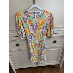 Faithfull The Brand Floral Colorful Summer Mini Dress Orange Purple Green Size 6